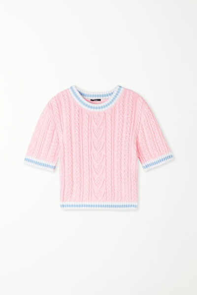 Maglia Corta a Mezza Manica Tessuto Calato Treccia