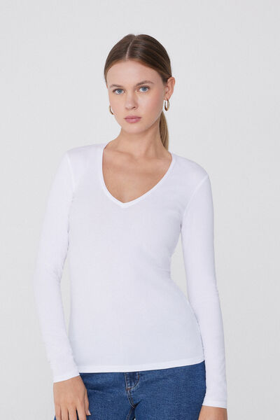Long-Sleeve V-Neck Stretch-Cotton Top