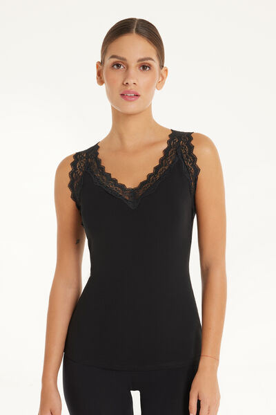 Canotta Spalla Larga Viscosa con Pizzo Scollo a V