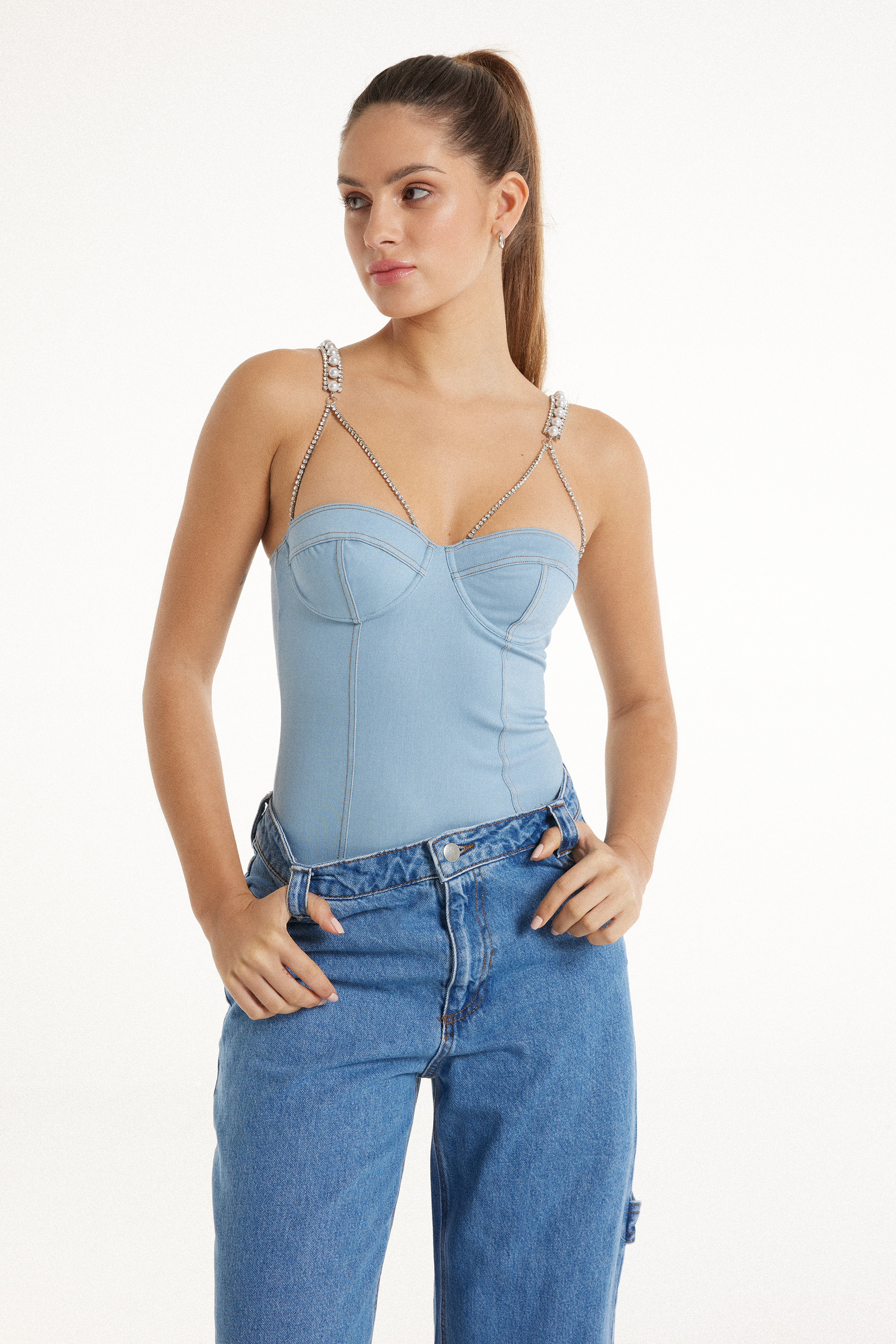 Body a Balconcino con Strass e Perle Glam Denim
