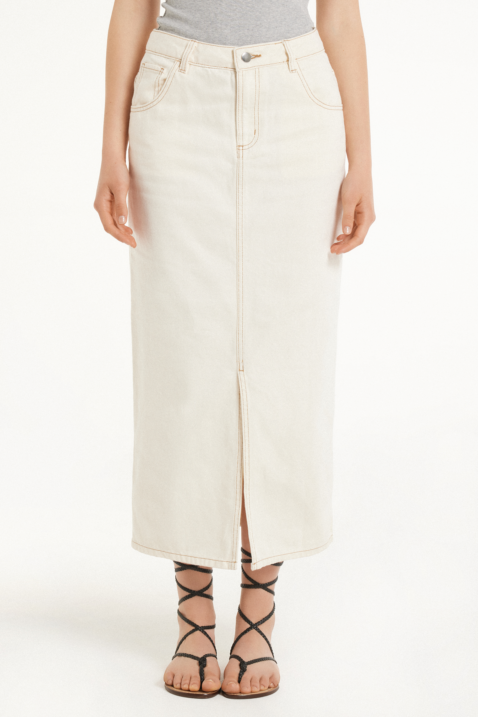 Gonna Midi in Denim Vita Alta con Spacco