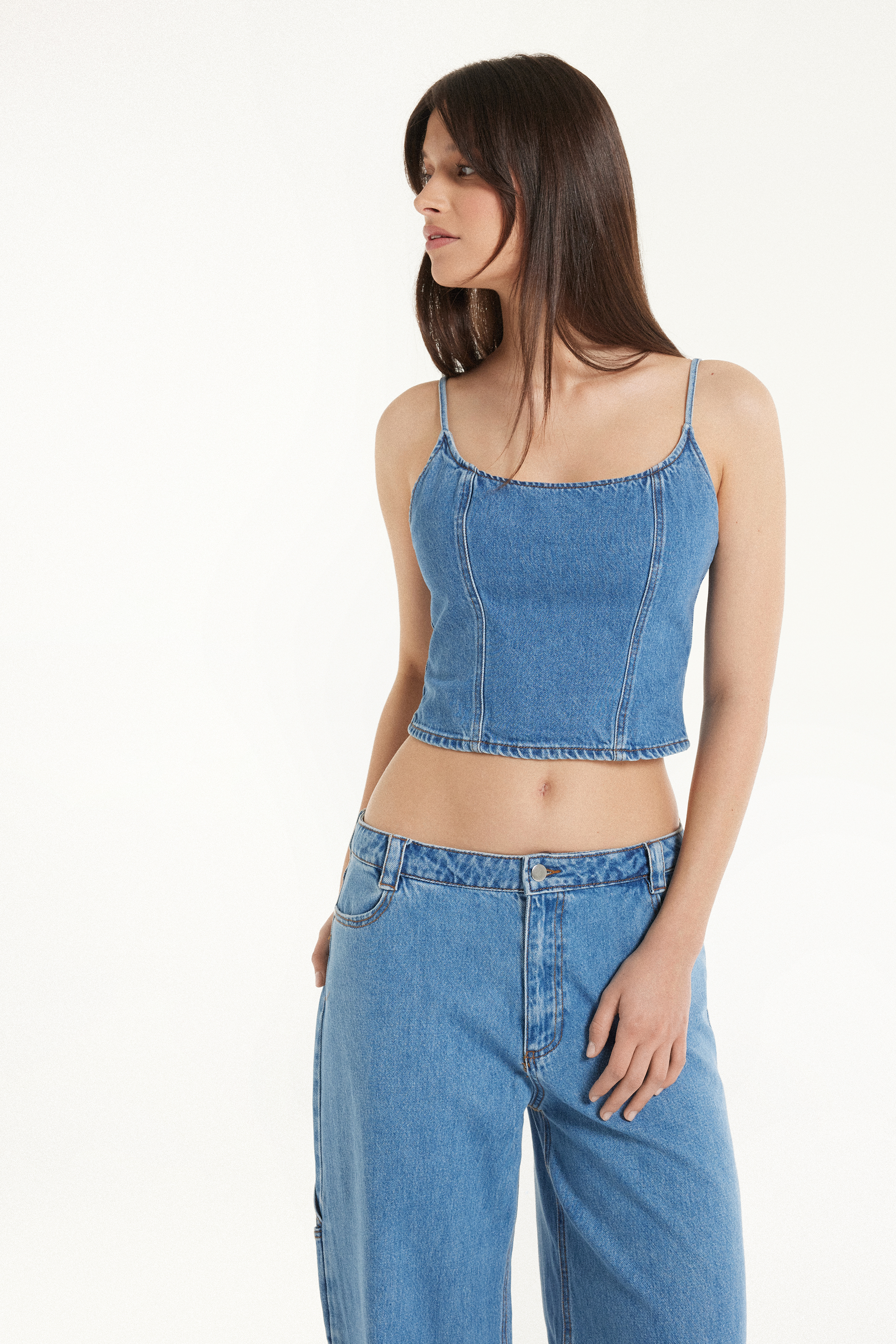 Top Corto in Denim con Spalline Sottili